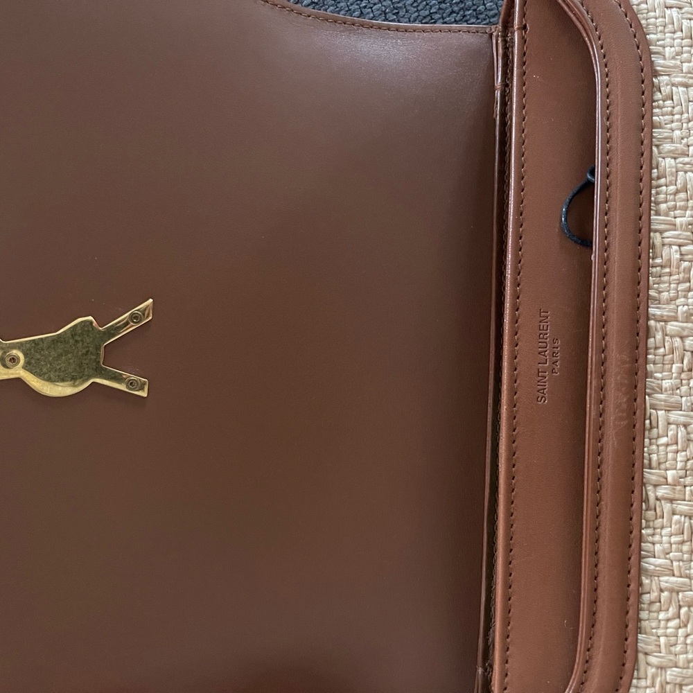 Saint Laurent Straw & Brown Leather Shoulder Bag - Picture 3 of 9